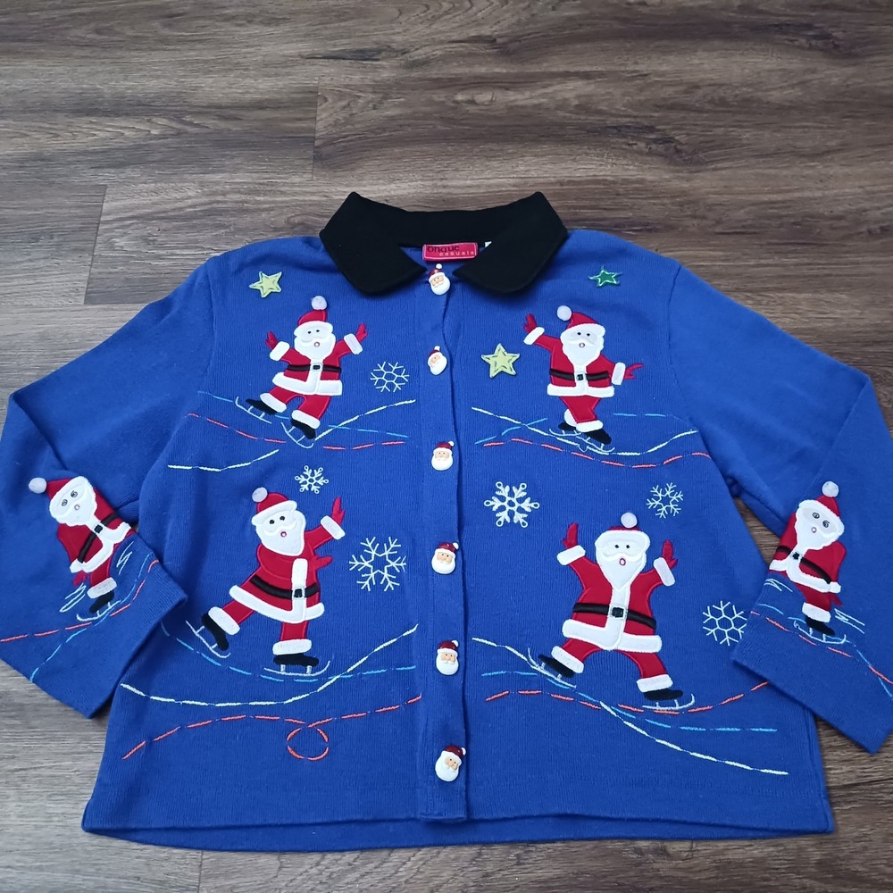 Onque Casuals Womens Blue Ice Skating Santa Christmas Cardigan Sweater Large